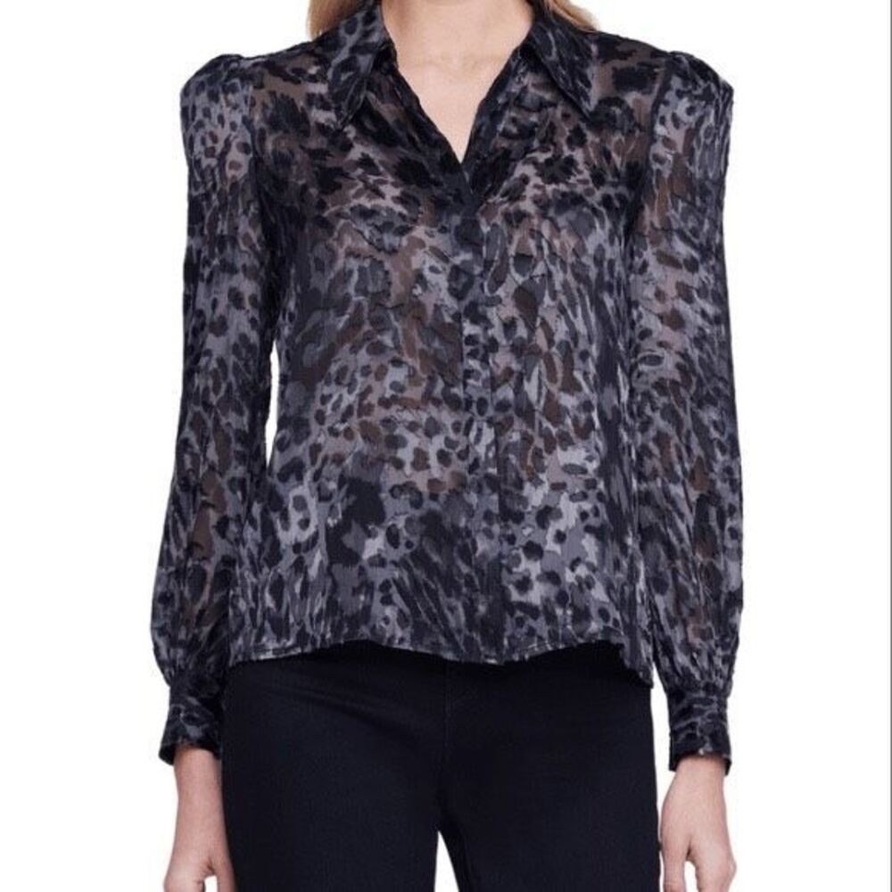L'AGENCE Women's Jenica Leopard Sheer Long Sleeve Button Up Shirt Black Small